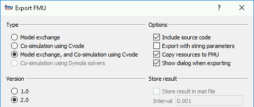 Dymola FMU settings